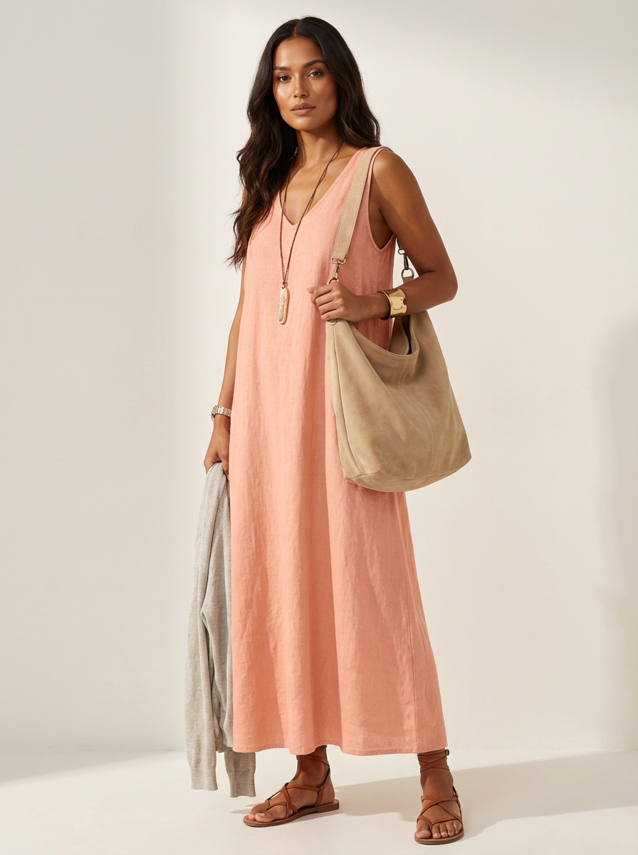 Linen-Look Maxi Dress – Women's Sleeveless V-Neck Summer Dress