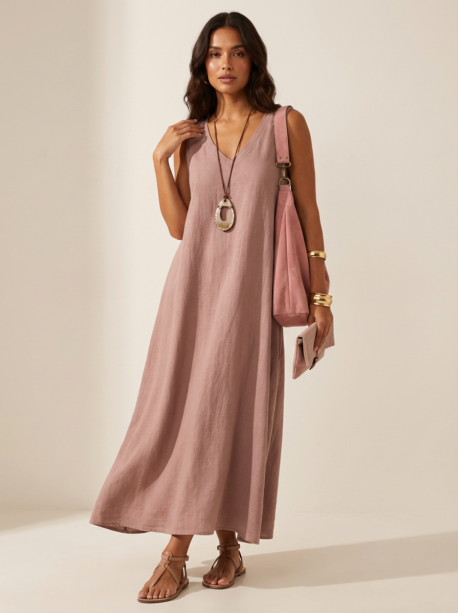 Linen-Look Maxi Dress – Women's Sleeveless V-Neck Summer Dress
