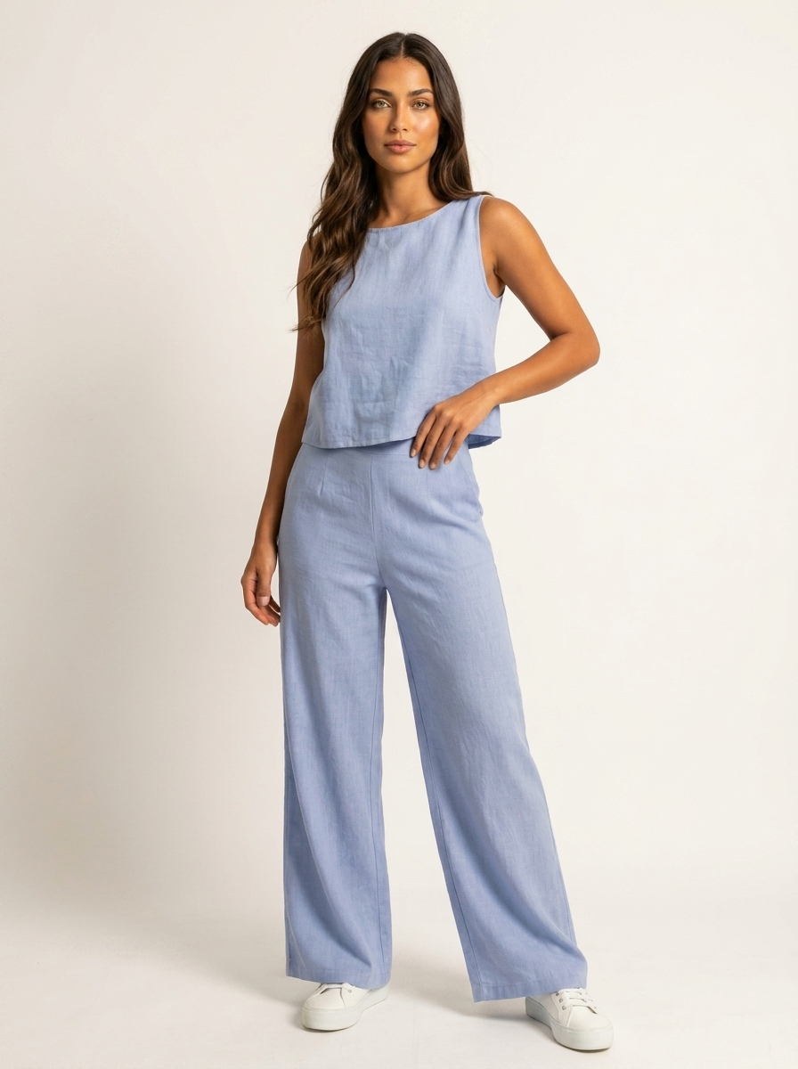 Linen-Look Sleeveless Top & Wide Leg Trousers Set – Women's Summer Co-ord