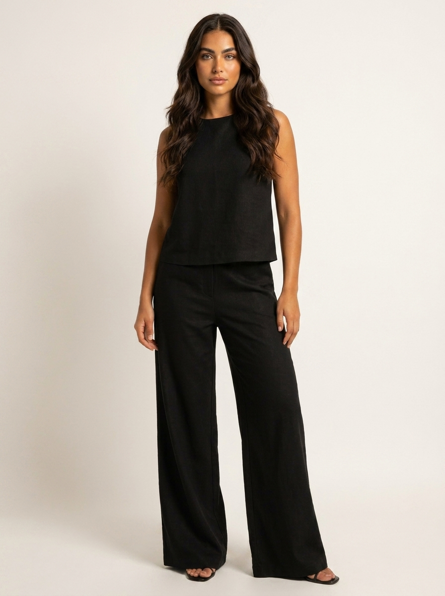 Linen-Look Sleeveless Top & Wide Leg Trousers Set – Women's Summer Co-ord