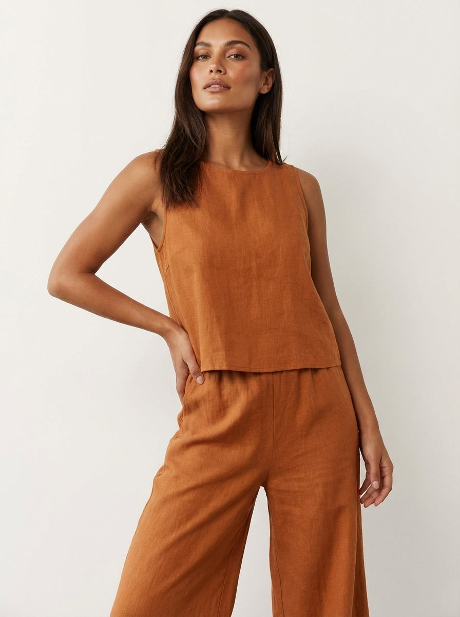 Linen-Look Sleeveless Top & Wide Leg Trousers Set – Women's Summer Co-ord