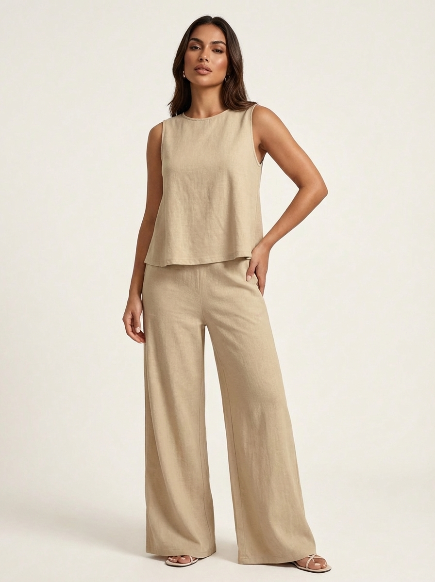 Linen-Look Sleeveless Top & Wide Leg Trousers Set – Women's Summer Co-ord