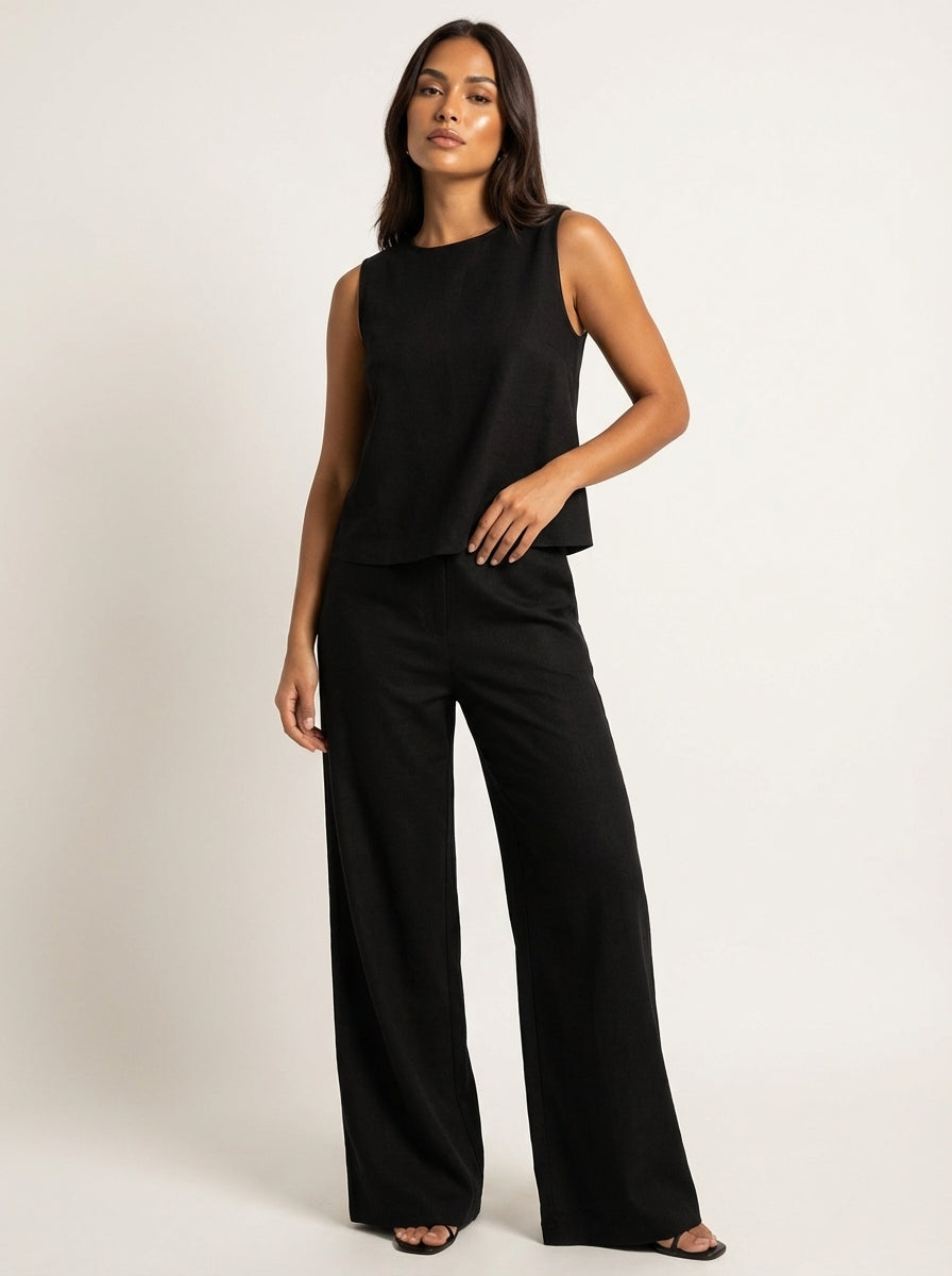 Linen-Look Sleeveless Top & Wide Leg Trousers Set – Women's Summer Co-ord