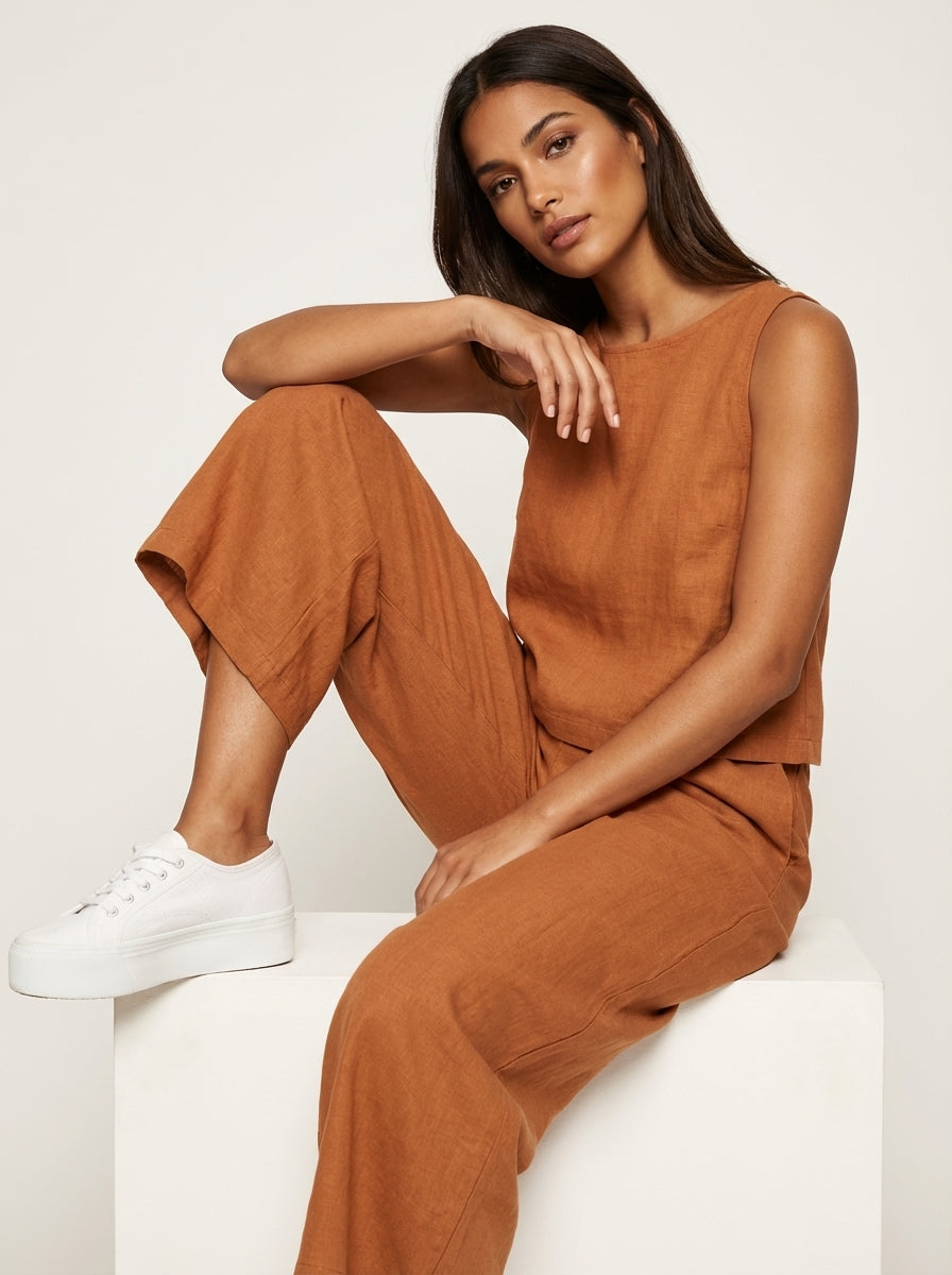 Linen-Look Sleeveless Top & Wide Leg Trousers Set – Women's Summer Co-ord