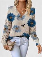 Women's Printed V-Neck Knit Sweater – Breathable Openwork Top