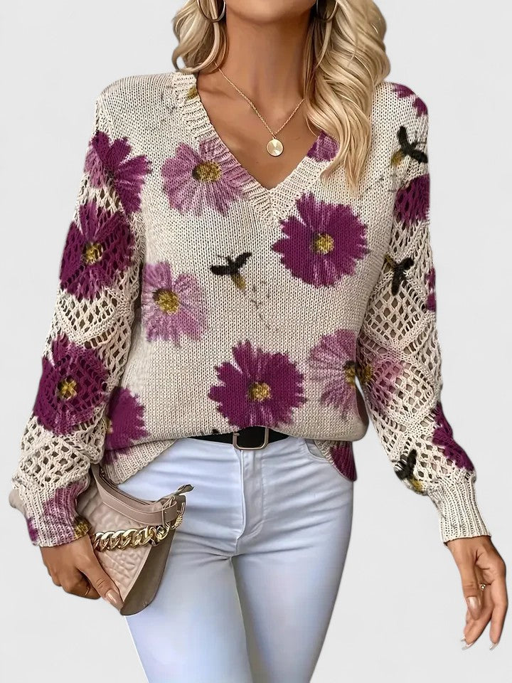 Women's Printed V-Neck Knit Sweater – Breathable Openwork Top