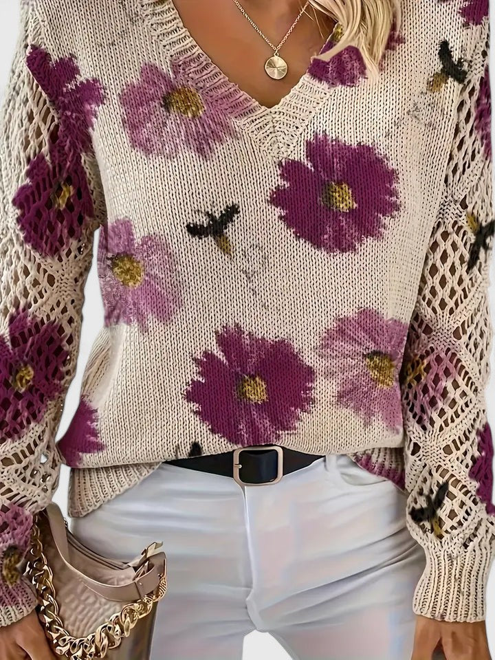 Women's Printed V-Neck Knit Sweater – Breathable Openwork Top