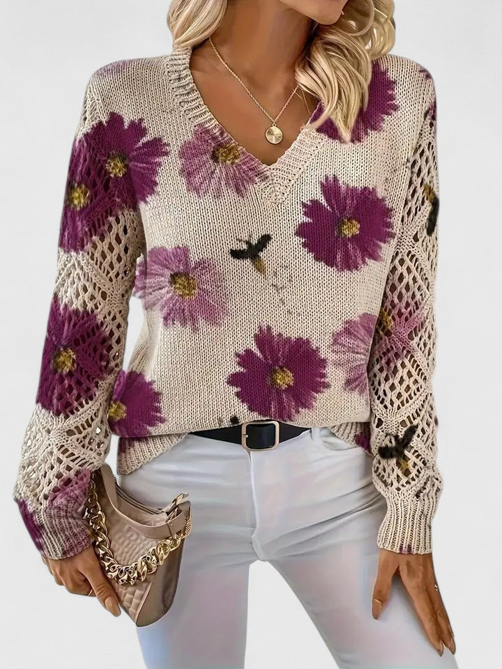 Women's Printed V-Neck Knit Sweater – Breathable Openwork Top
