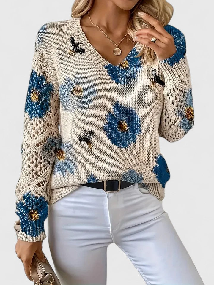 Women's Printed V-Neck Knit Sweater – Breathable Openwork Top