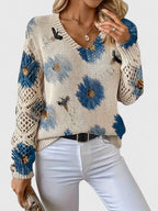 Women's Printed V-Neck Knit Sweater – Breathable Openwork Top