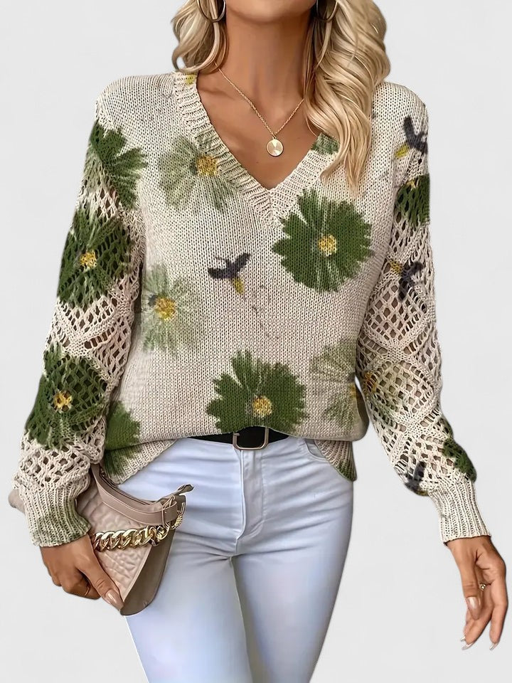 Women's Printed V-Neck Knit Sweater – Breathable Openwork Top
