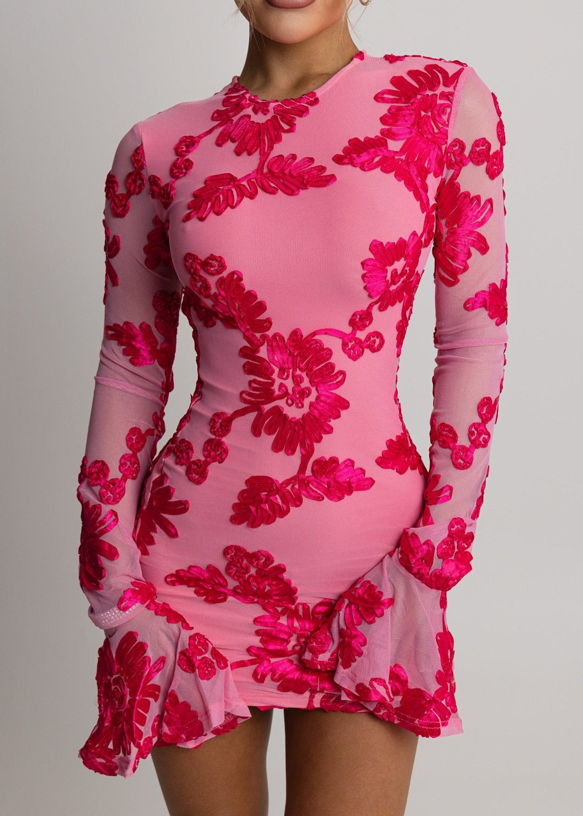 Embroidered Mesh Mini Dress with Flared Sleeves