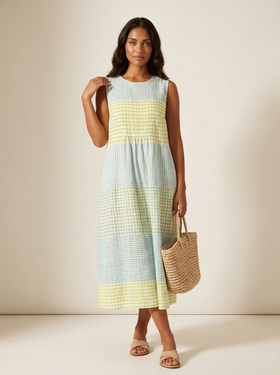Checked Print Sleeveless Midi Dress – Women's Airy Summer Dress