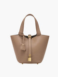 Vegan Leather Bucket Bag with Gold Lock – Structured Handbag