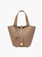Vegan Leather Bucket Bag with Gold Lock – Structured Handbag