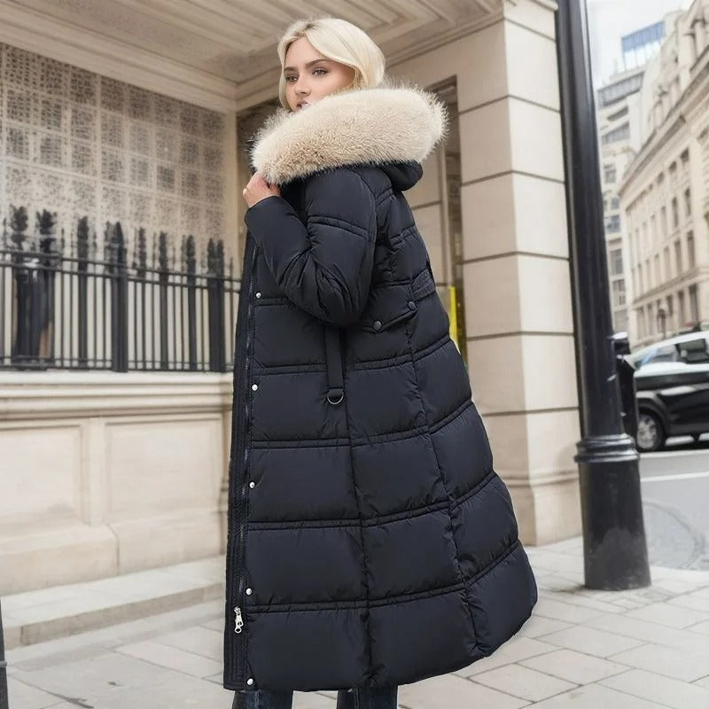 Women's Belted Long Puffer Coat – Faux-Fur Collar Padded Winter Style