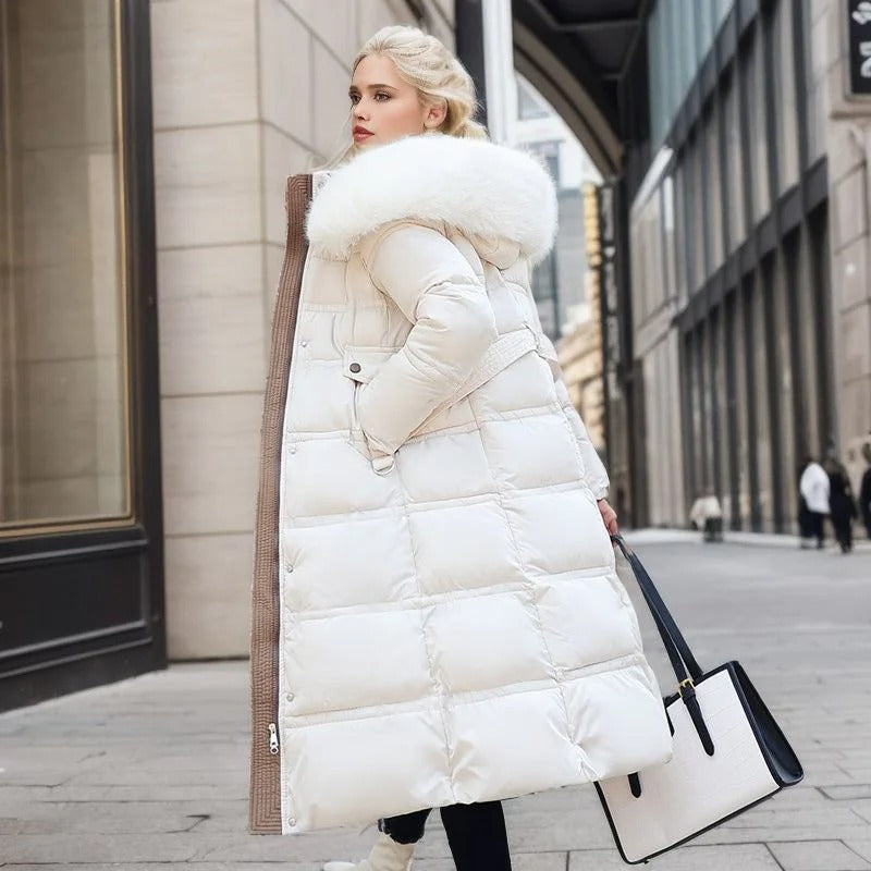 Women's Belted Long Puffer Coat – Faux-Fur Collar Padded Winter Style