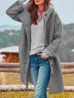 Fluffy Winter Coat with Hood and Button Front