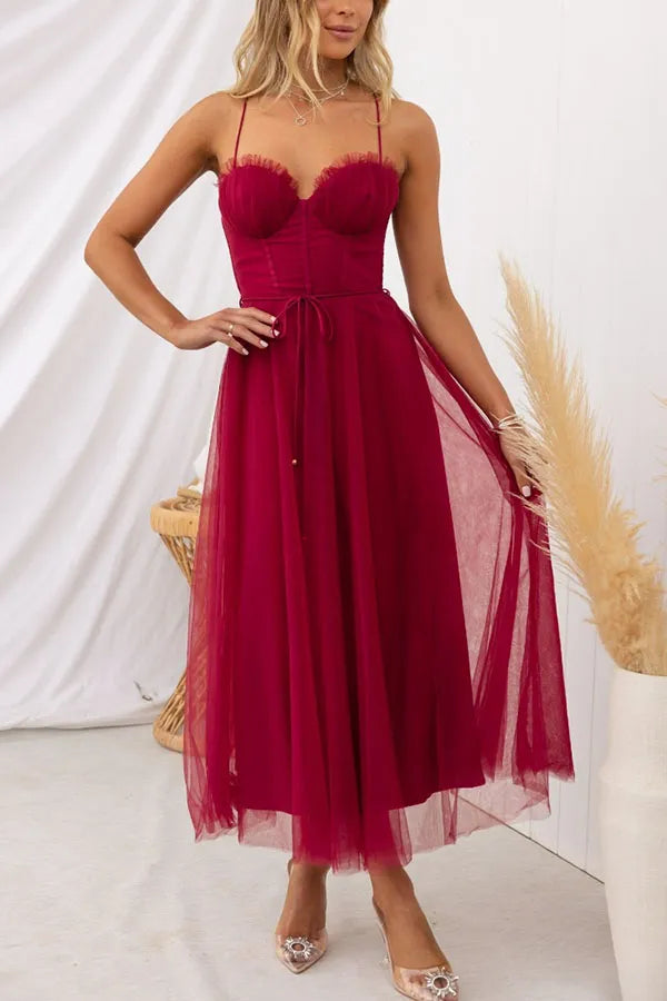 Corset Bodice Midi Dress with Tulle Skirt