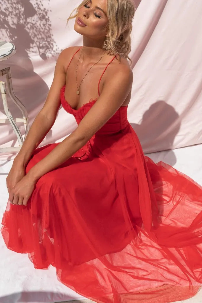 Corset Bodice Midi Dress with Tulle Skirt