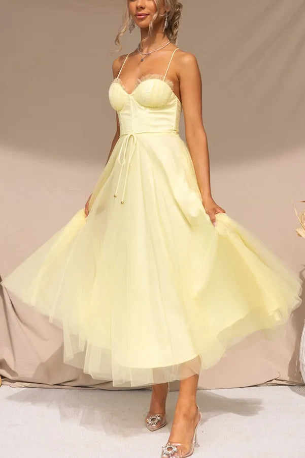 Corset Bodice Midi Dress with Tulle Skirt