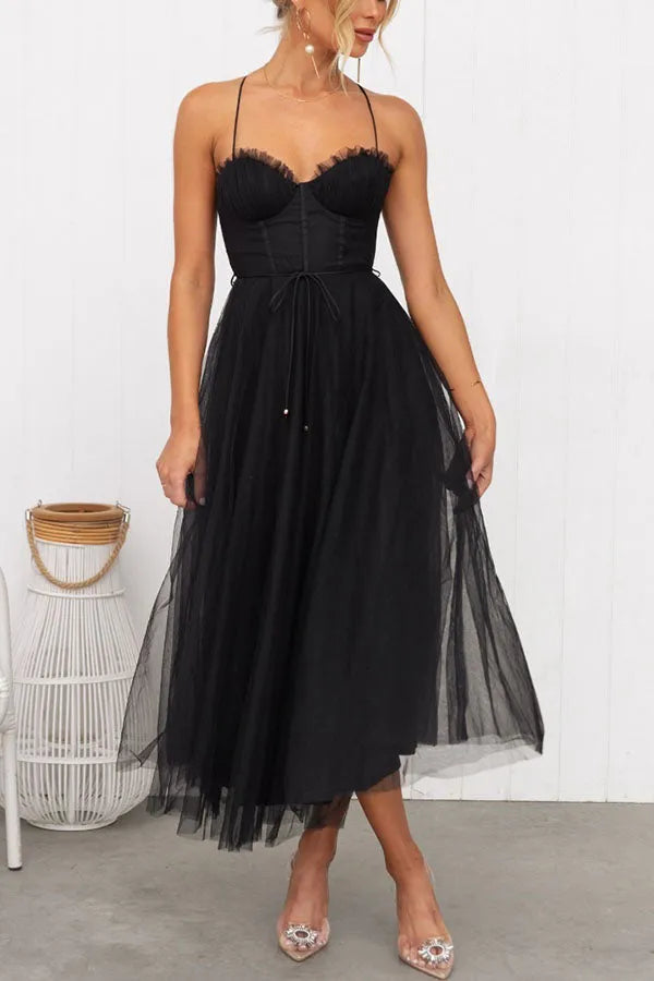 Corset Bodice Midi Dress with Tulle Skirt