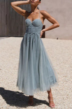 Corset Bodice Midi Dress with Tulle Skirt