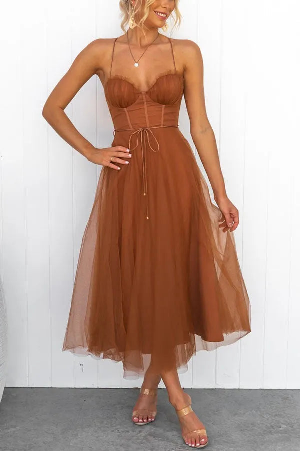Corset Bodice Midi Dress with Tulle Skirt