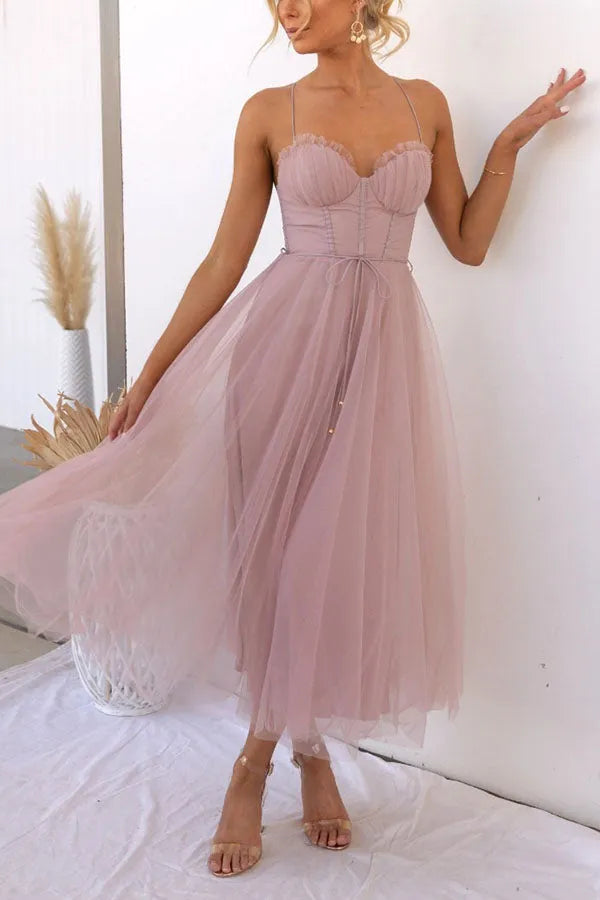 Corset Bodice Midi Dress with Tulle Skirt