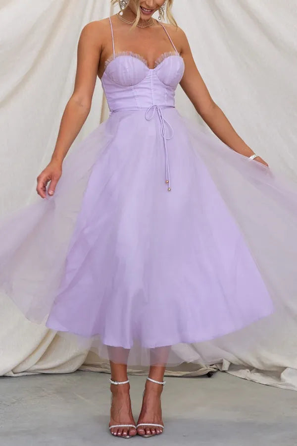 Corset Bodice Midi Dress with Tulle Skirt