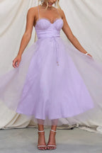Corset Bodice Midi Dress with Tulle Skirt