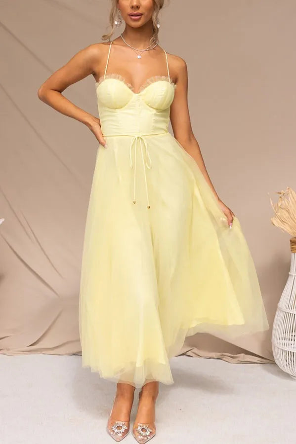 Corset Bodice Midi Dress with Tulle Skirt