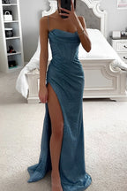 Corset Bodice Maxi Dress with High Slit