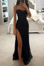 Corset Bodice Maxi Dress with High Slit