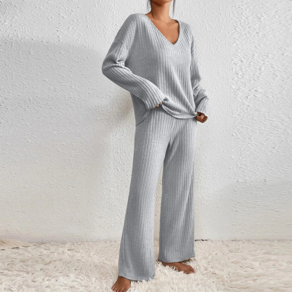 Ribbed Knit Two-Piece Set – V-Neck Top and Trousers