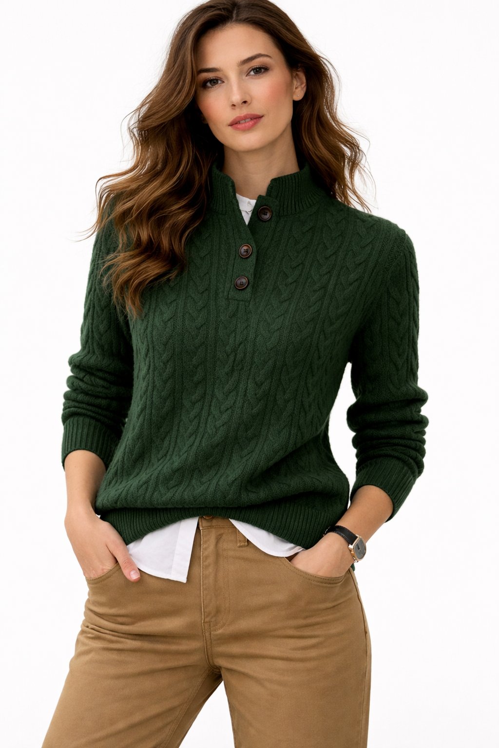 Women's wool-blend-Blend Button-Neck Sweater