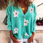 Embroidered Floral Cardigan with V-Neck Buttons