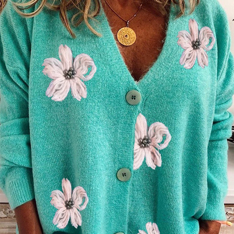Embroidered Floral Cardigan with V-Neck Buttons