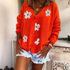 Embroidered Floral Cardigan with V-Neck Buttons