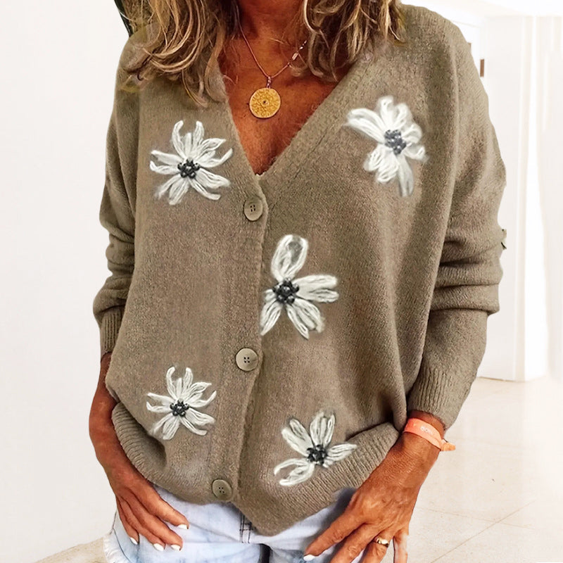Embroidered Floral Cardigan with V-Neck Buttons