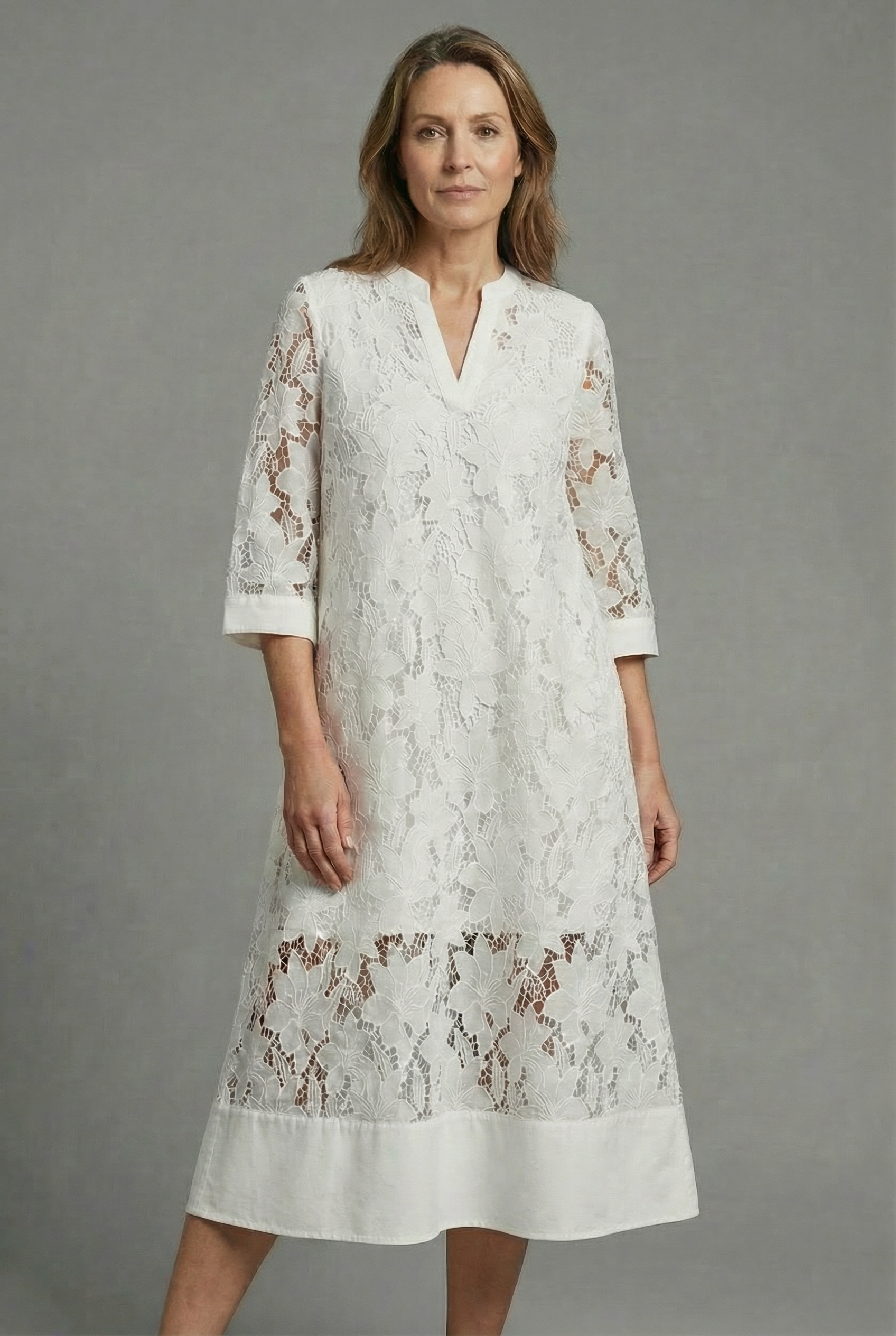 Embroidered Lace Detail Midi Dress - Relaxed Elegant Everyday Fit | Meave & Ivy