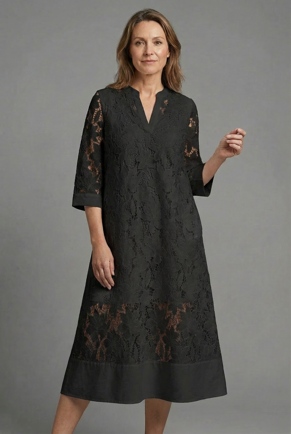 Embroidered Lace Detail Midi Dress - Relaxed Elegant Everyday Fit | Meave & Ivy