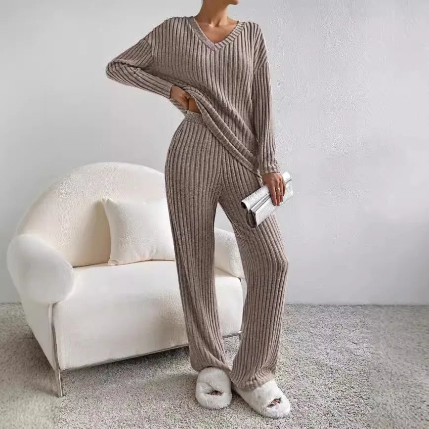 Ribbed Knit Two-Piece Set – V-Neck Top and Trousers