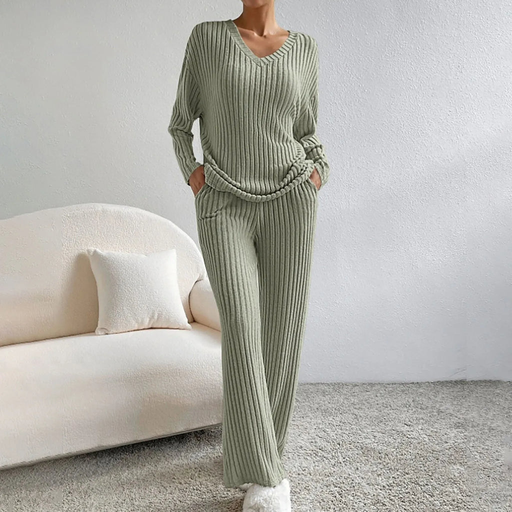 Ribbed Knit Two-Piece Set – V-Neck Top and Trousers