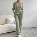 Ribbed Knit Two-Piece Set – V-Neck Top and Trousers