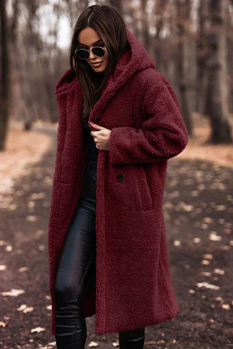 Long Oversized Teddy Coat with Hood – Wool Blend Hooded Teddy
