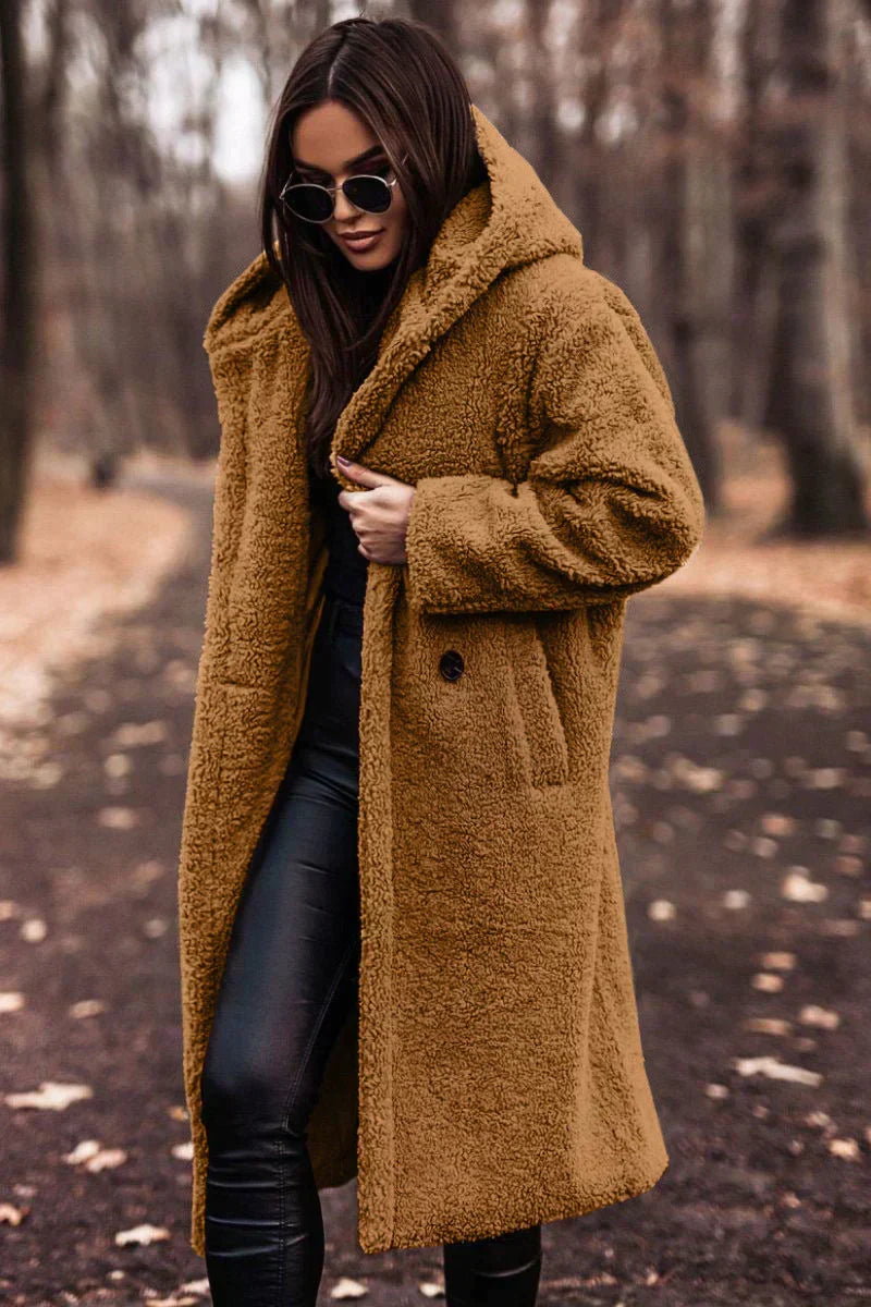 Long Oversized Teddy Coat with Hood – Wool Blend Hooded Teddy