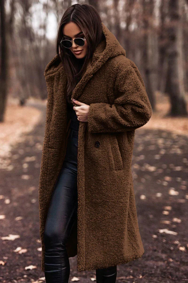Long Oversized Teddy Coat with Hood – Wool Blend Hooded Teddy