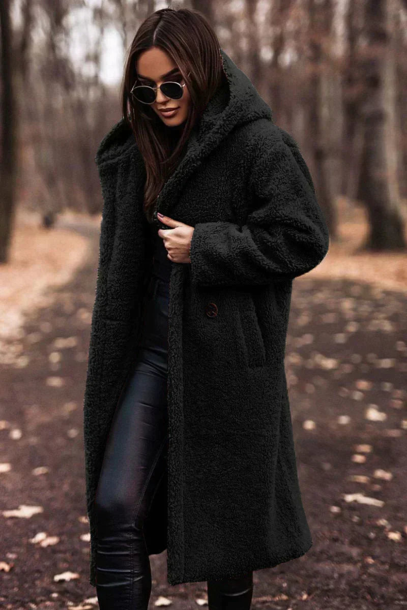 Long Oversized Teddy Coat with Hood – Wool Blend Hooded Teddy