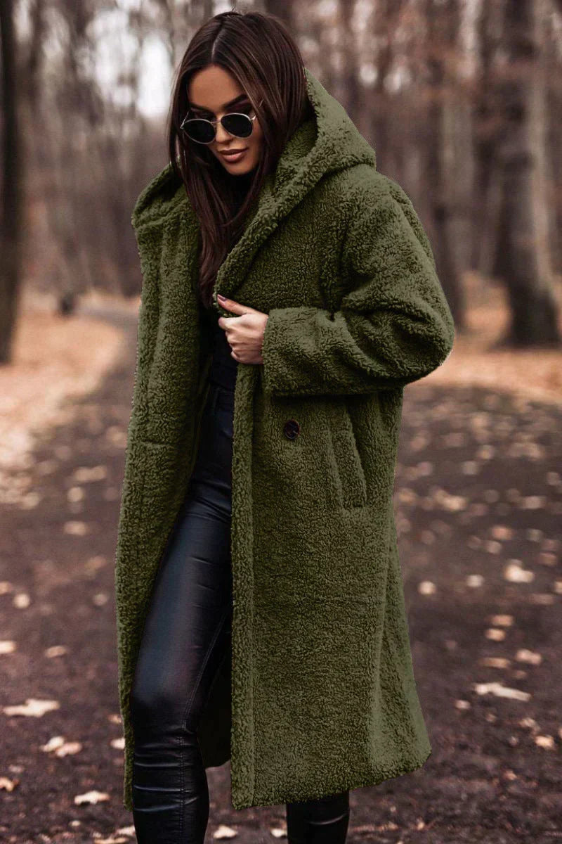 Long Oversized Teddy Coat with Hood – Wool Blend Hooded Teddy